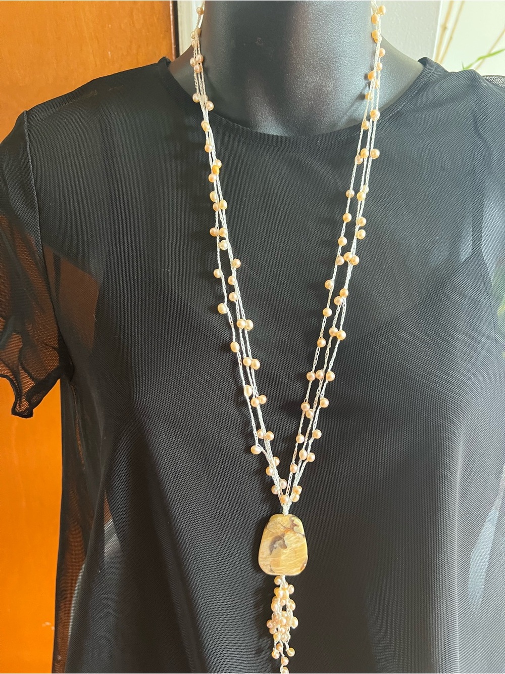 Beaded Long Pendant Necklace in Beige